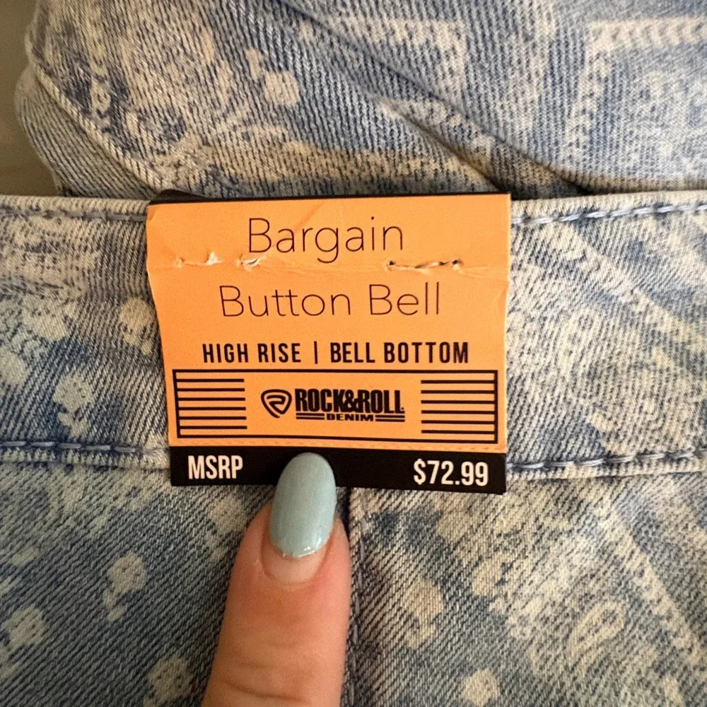NWT Rock & Roll Denim Bargain Button Bell Bottom Bandana Print Jeans 32x32 Flare - Picture 6 of 9